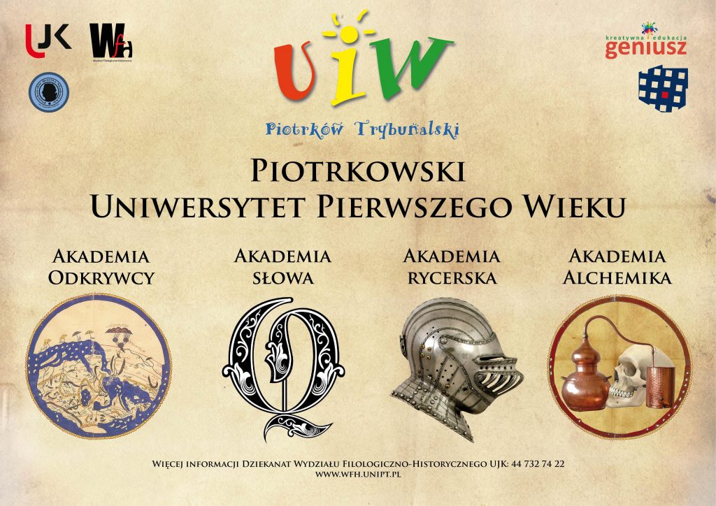 Plakat reklamujący Piotrowski Uniwersytet Pierwszego Wieku