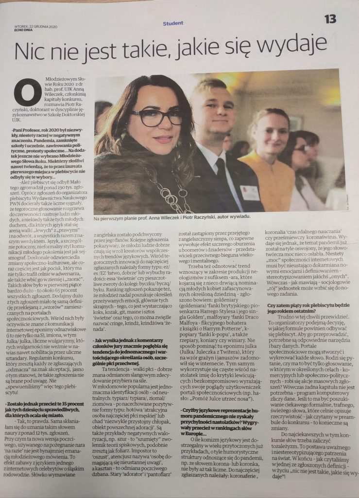 Skan strony z gazety "Nic nie jest takie, jakie się wydaje". Rozmowa z prof. UJK dr hab. Anną Wileczek na temat współczesnych tendencji w polszczyźnie młodzieżowej. 